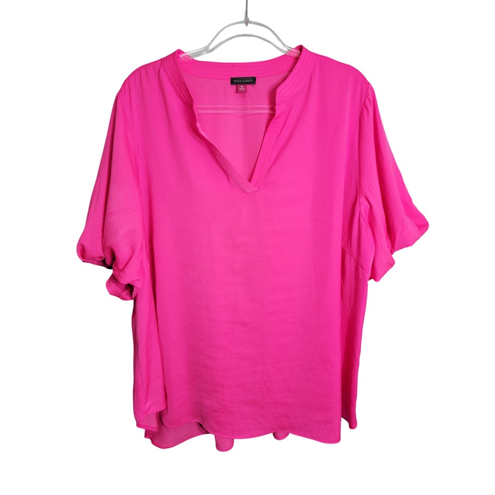 Vince Camuto Women 3X Blouse Hot Pink Split V-Neck Puff Sleeve High-Low